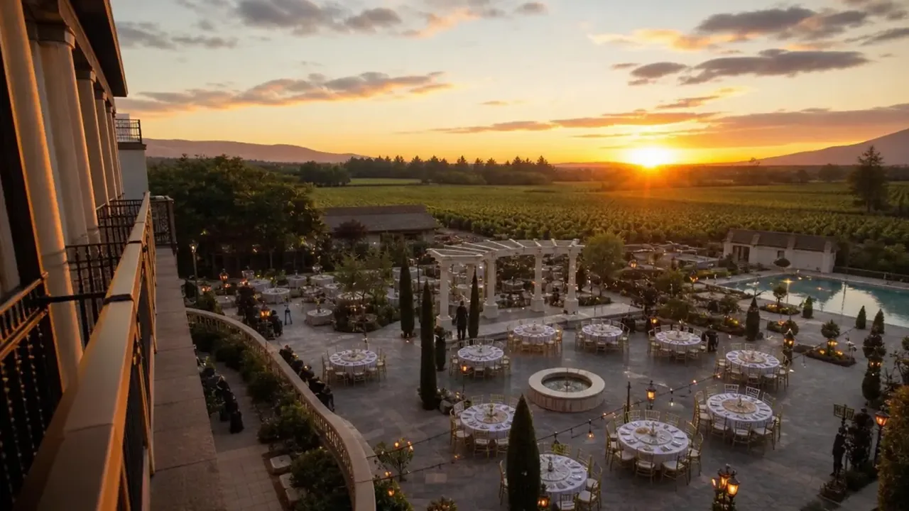 Outdoor event terrace arranged with round tables at sunset