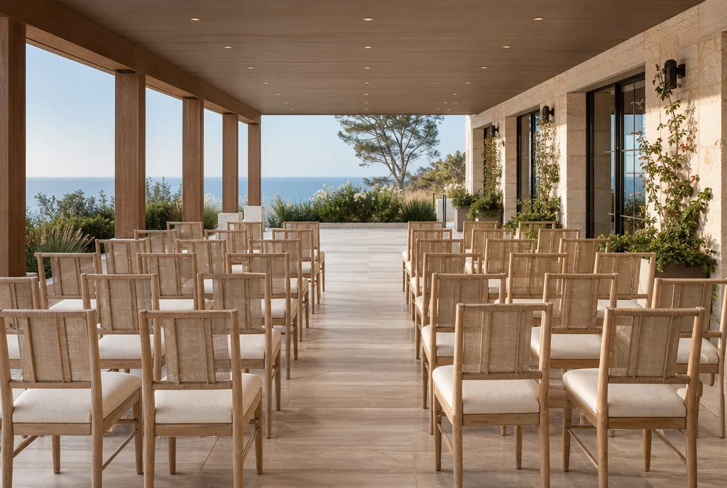 Ceremony chairs arranged with a clear aisle in a California venue setting.