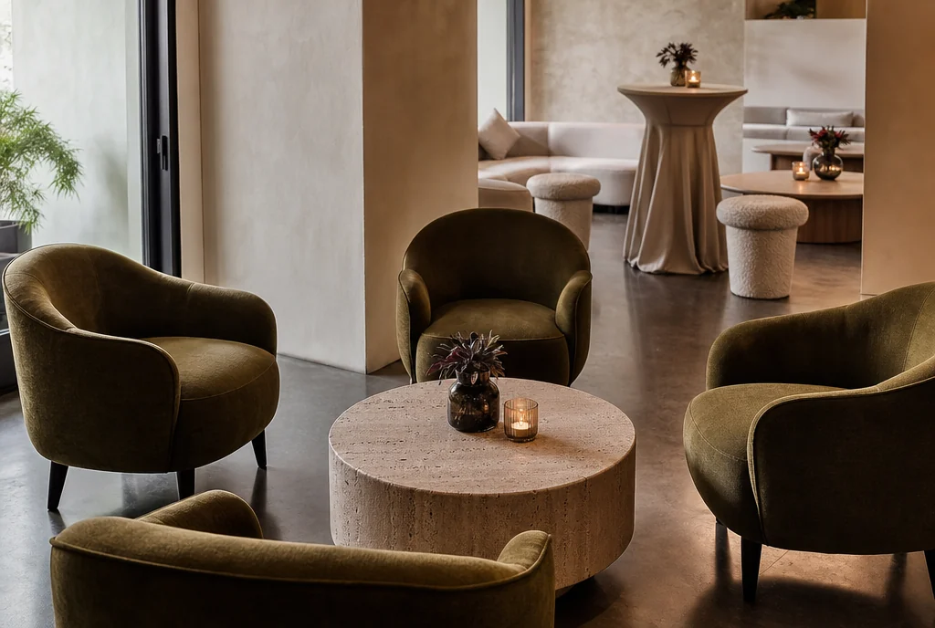 Cocktail and lounge furniture arranged for guests at a California venue.