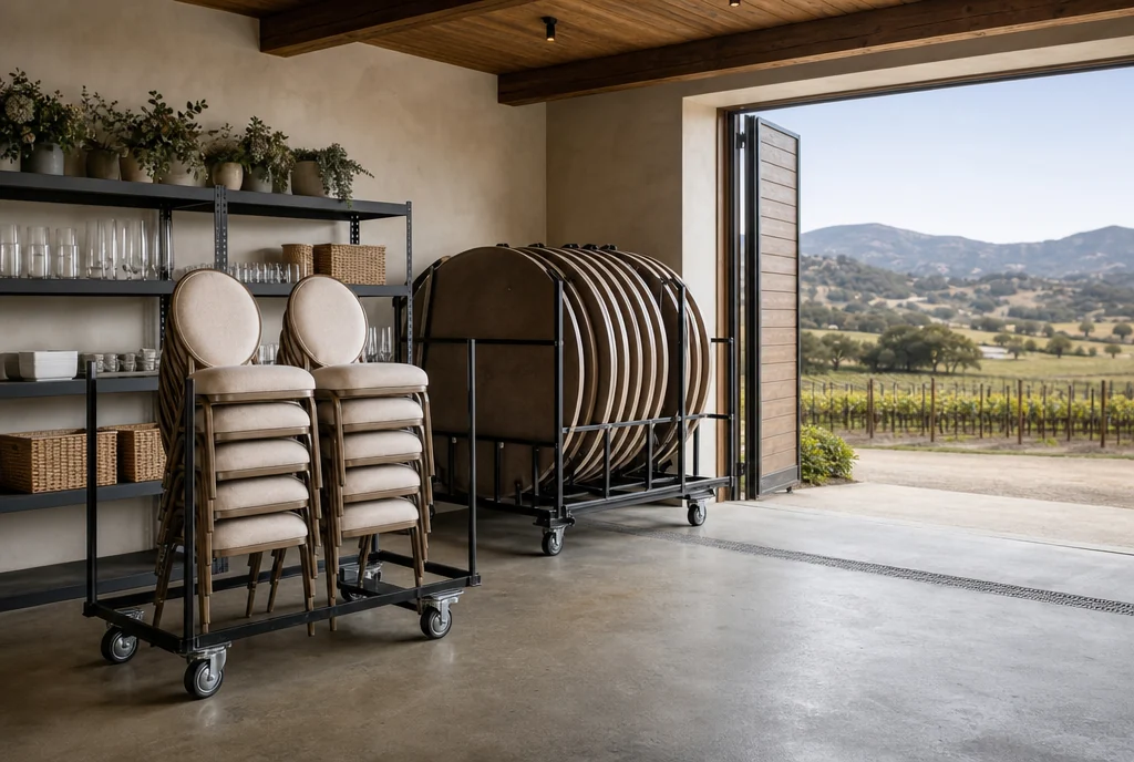 Chair carts and stored reception tables with a clear handling route for a California venue.