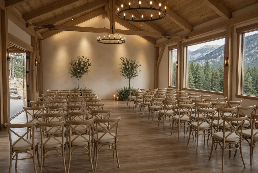 Indoor ceremony chairs arranged with clear access in a Colorado lodge setting.