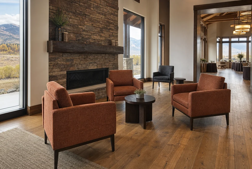 Compact lounge furniture near a reception-room doorway in a Colorado venue.
