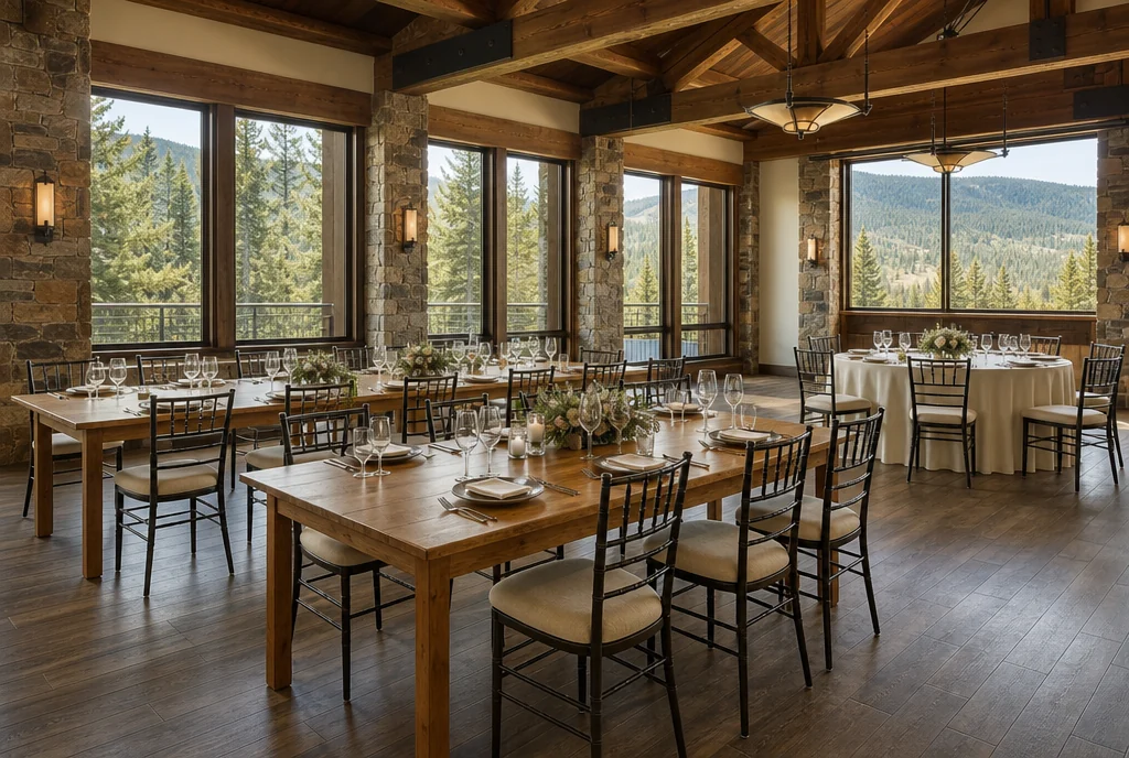 Coordinated reception tables and upholstered chairs in a Colorado lodge-style event room.