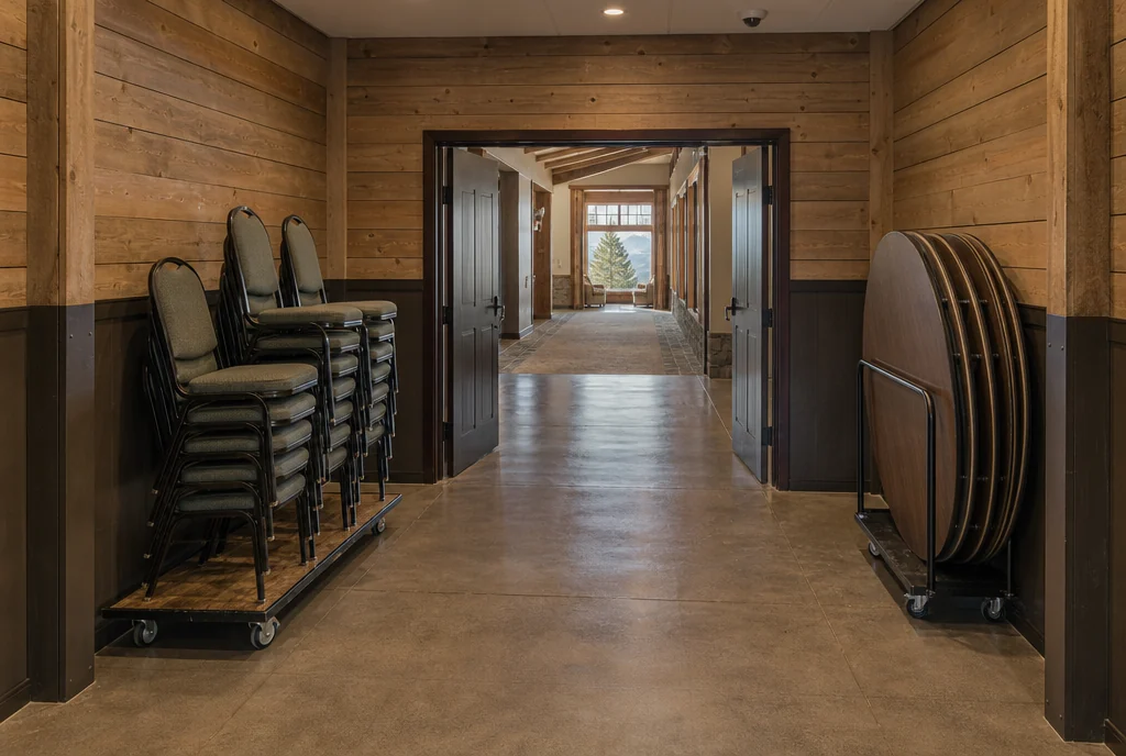 Furniture carts and a clear indoor staging area at a Colorado event property.