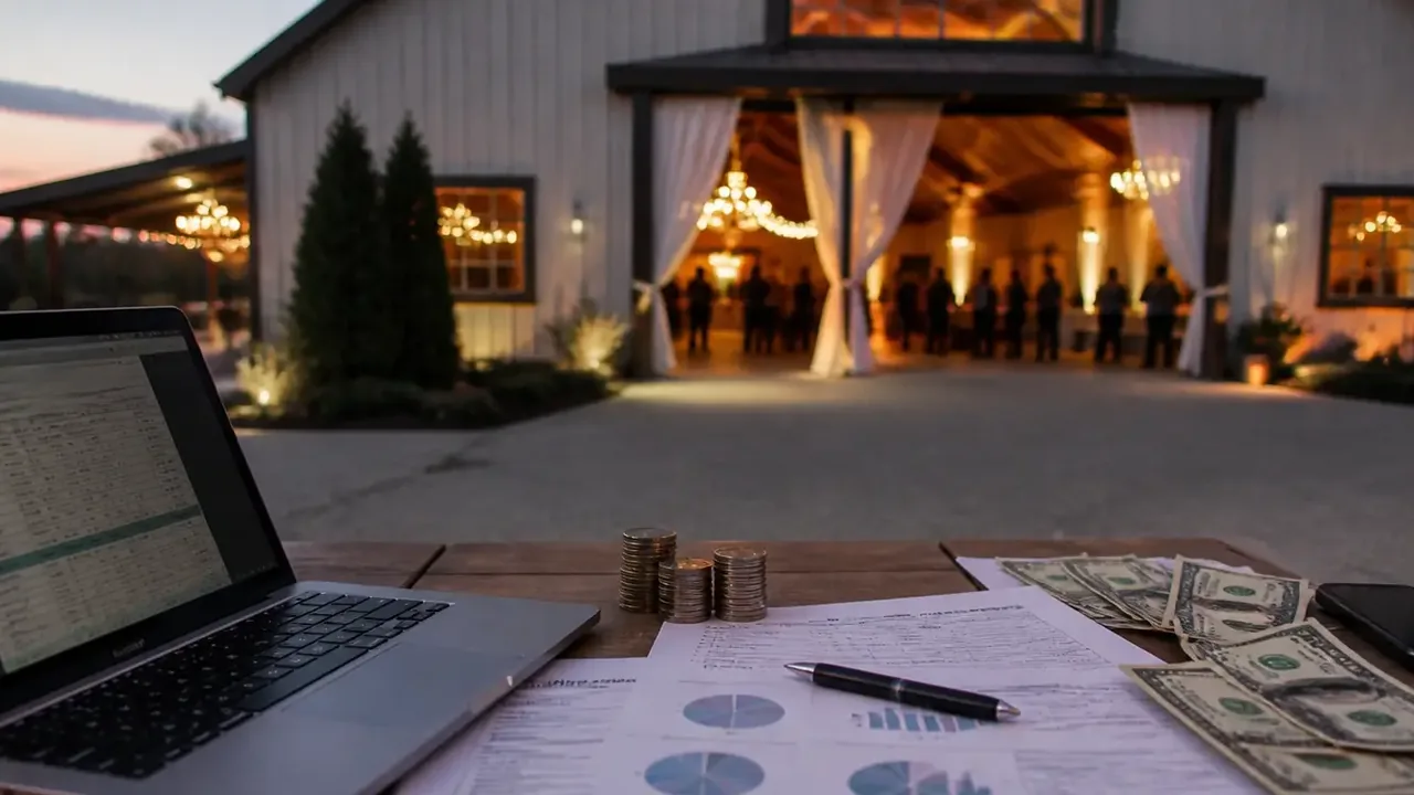 Laptop, financial papers and cash on a table outside an event building