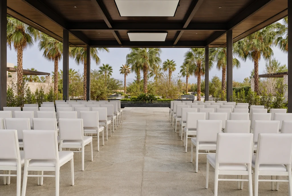 Ceremony chairs arranged with a clear aisle in a Florida venue setting.
