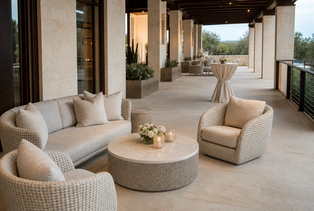 Cocktail and lounge furniture arranged for guests at a Florida venue.