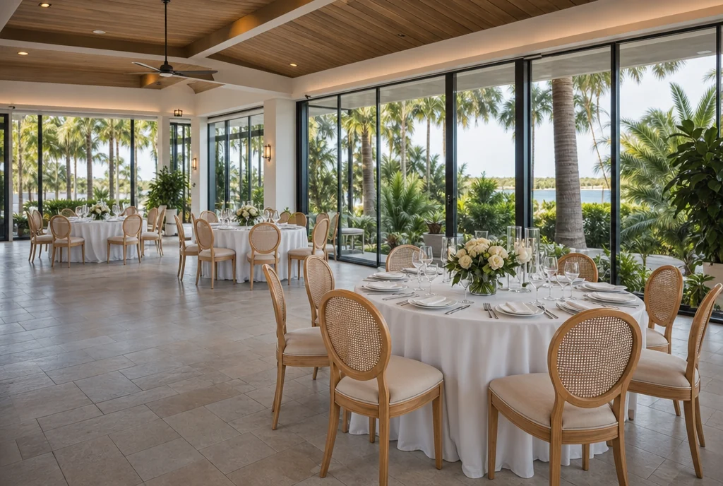 Reception tables and coordinated chairs in a Florida wedding venue setting.