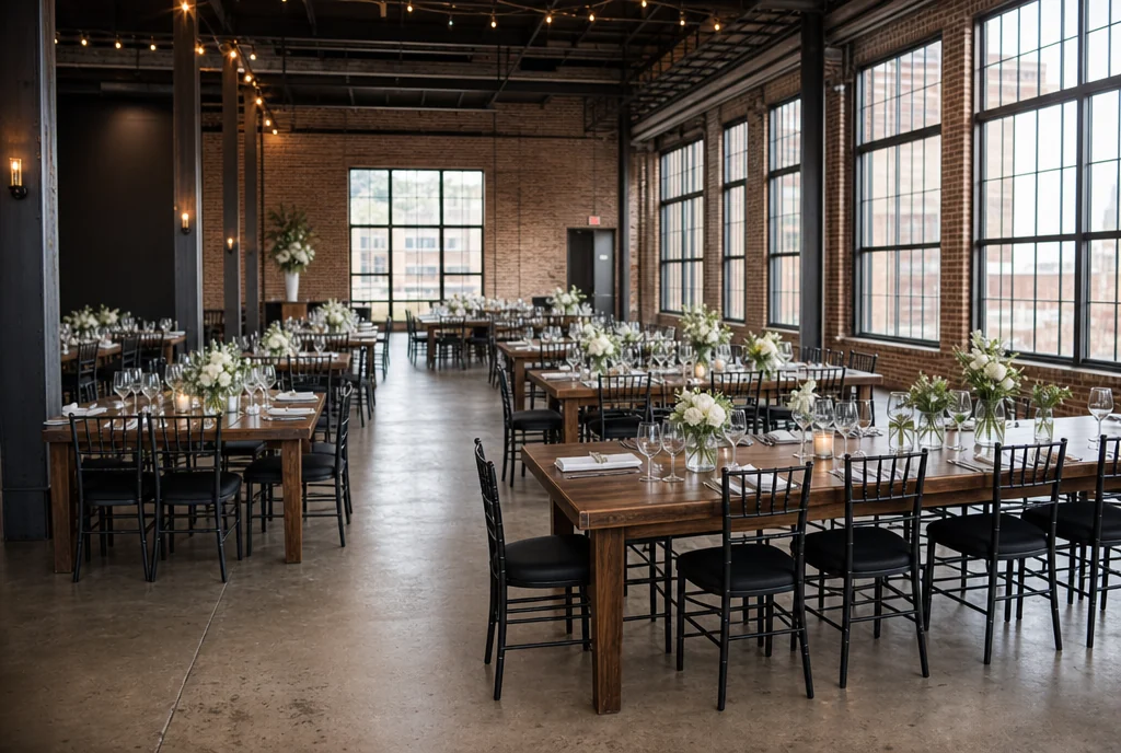 Reception tables and coordinated chairs in a Illinois wedding venue setting.
