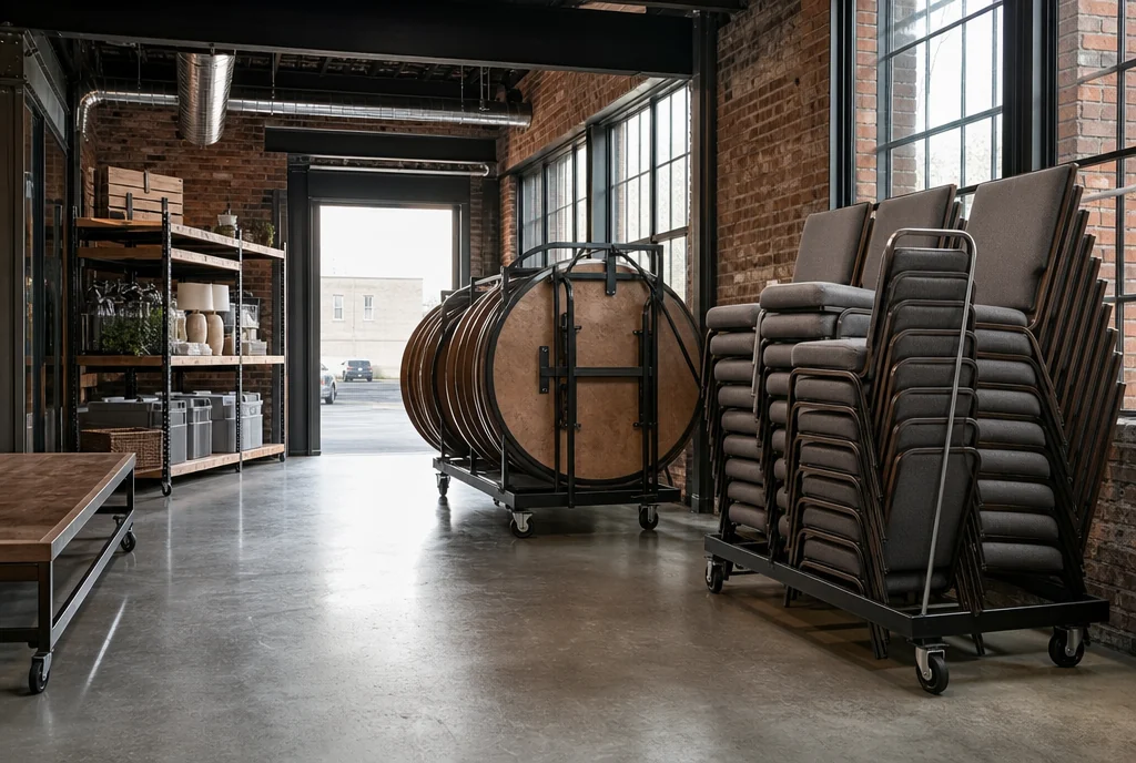 Chair carts and stored reception tables with a clear handling route for a Illinois venue.