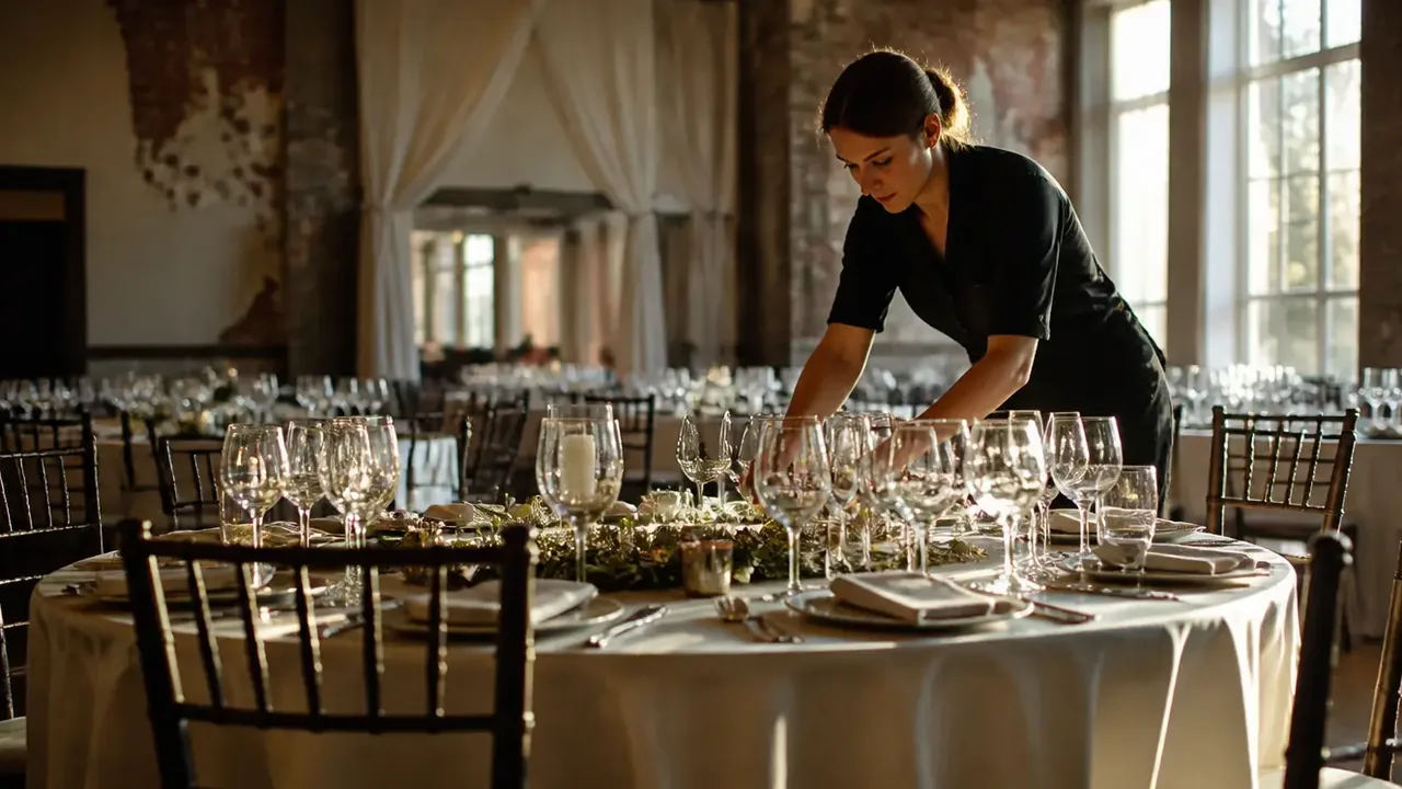 Woman arranging place settings at a round table in a hall