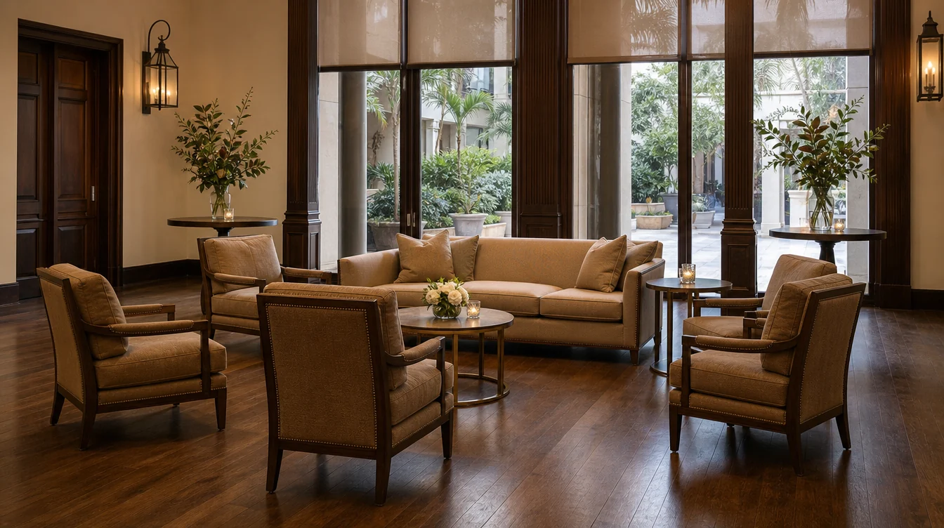 Sofa, lounge chairs and occasional tables in a Louisiana event room