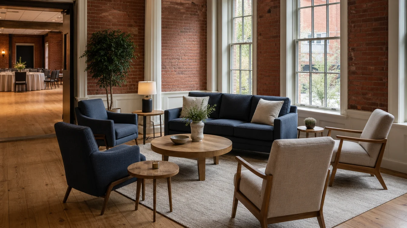 Sofa, lounge chairs and occasional tables in a Massachusetts event room