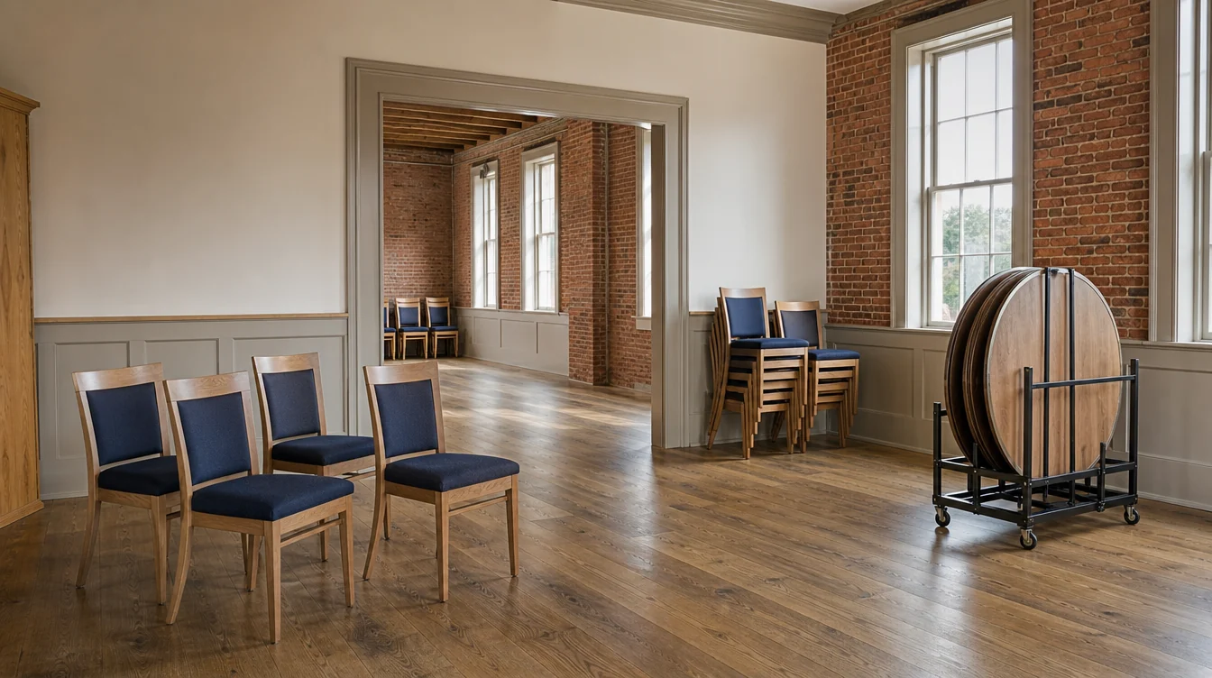 Furniture staging, chair stacks and a table trolley at a Massachusetts venue