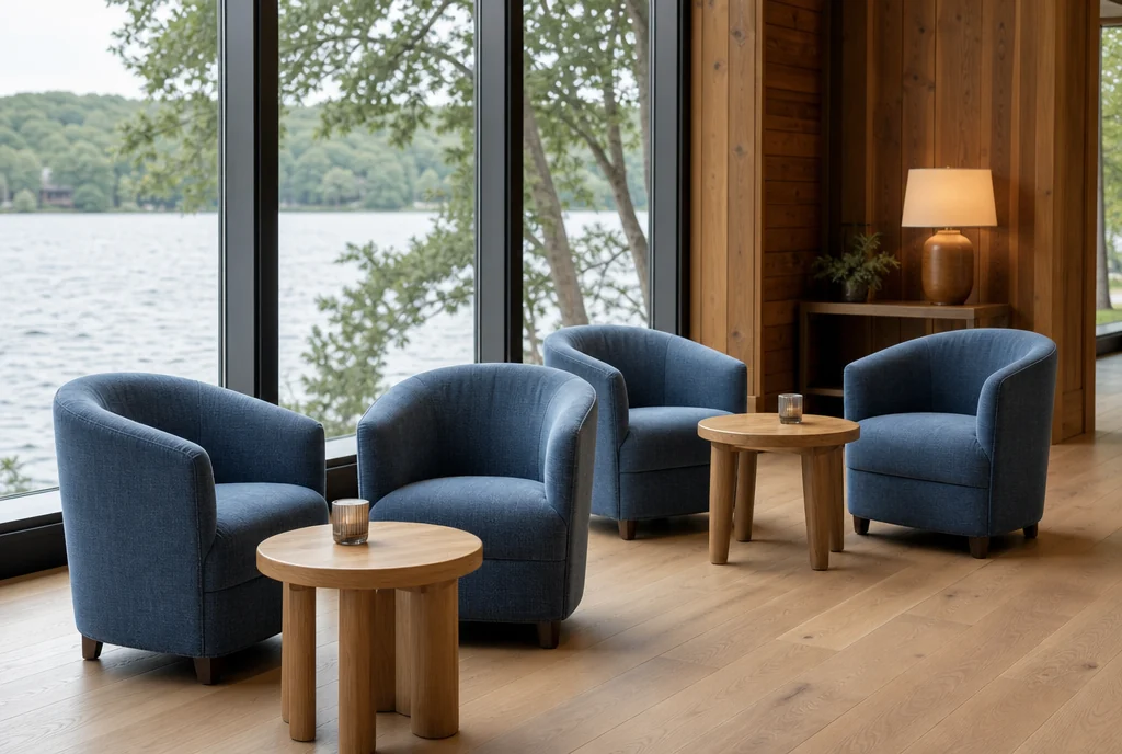 Dusty-blue lounge seating and oak occasional tables in a Michigan event venue.