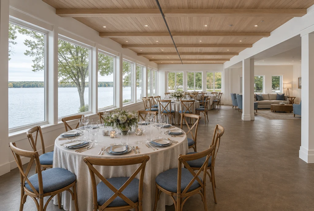 Reception chairs and round tables in a Michigan waterfront-style event room.