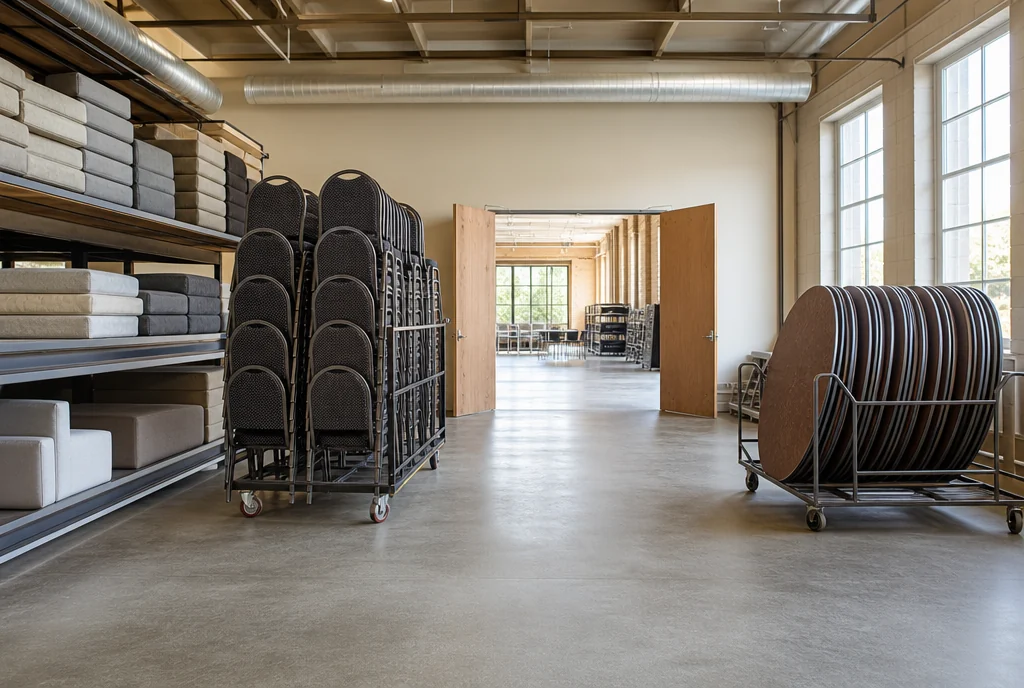 Stored reception furniture and separate lounge cushions in a Michigan venue.