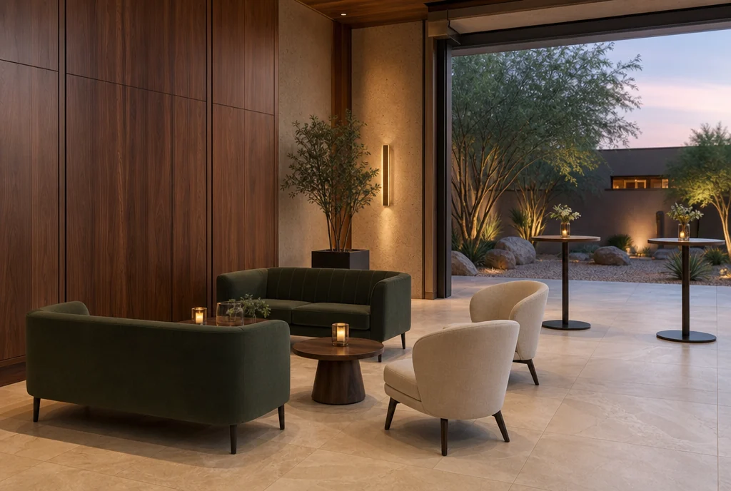 Cocktail tables and an upholstered conversation group in a Nevada event venue.