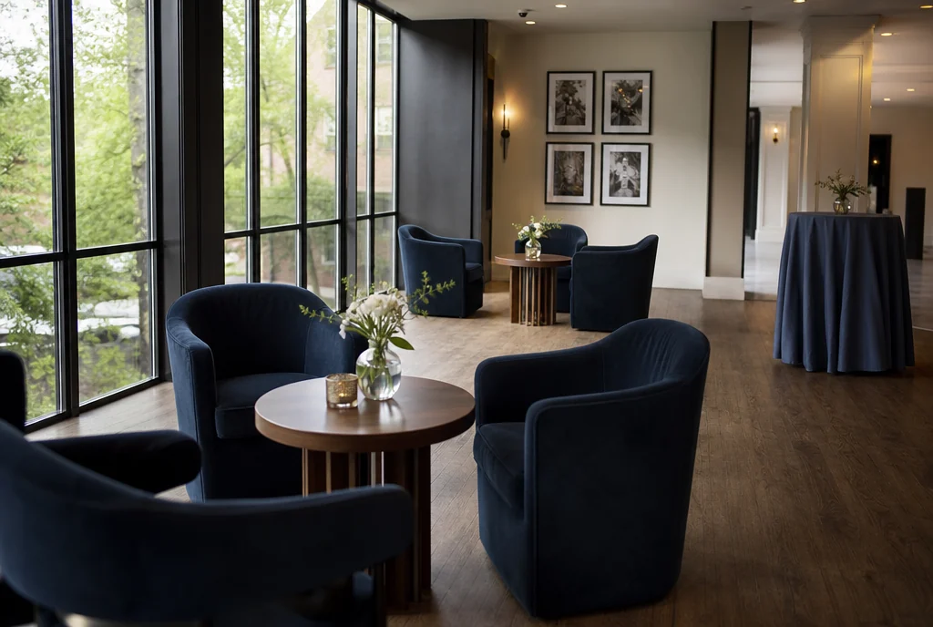 Cocktail and lounge furniture arranged for guests at a New Jersey venue.