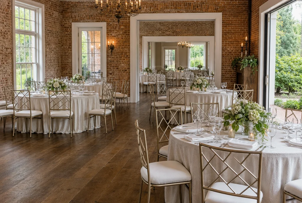 Reception tables and coordinated chairs in a New Jersey wedding venue setting.