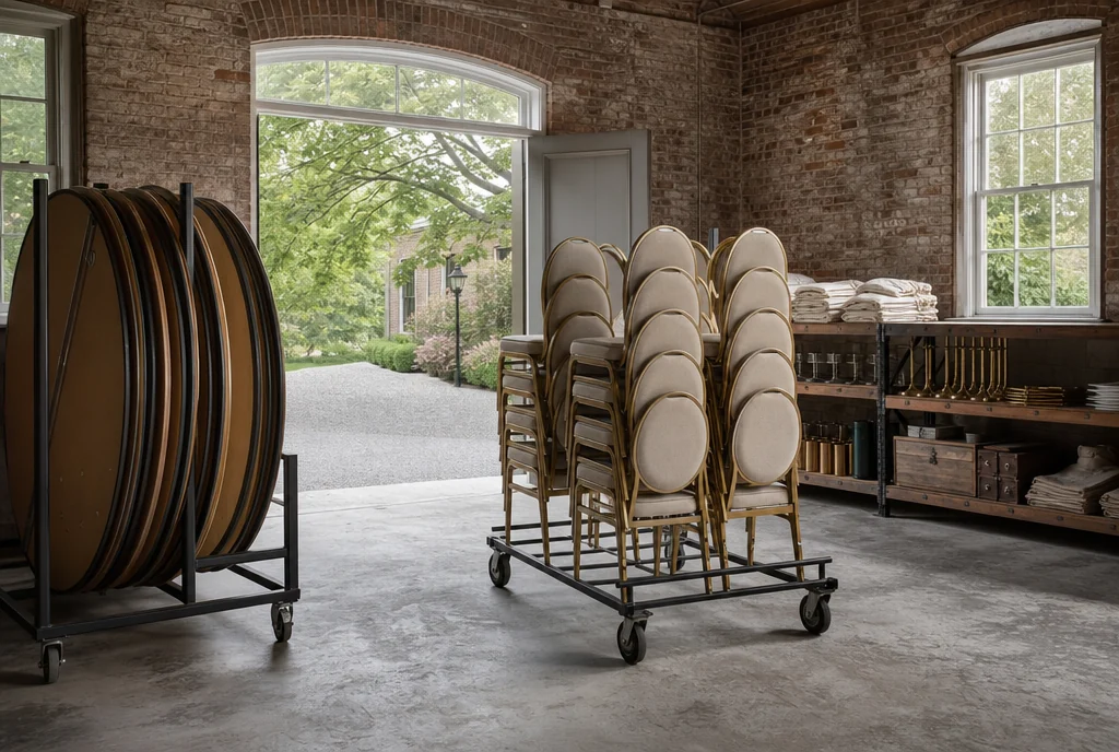 Chair carts and stored reception tables with a clear handling route for a New Jersey venue.