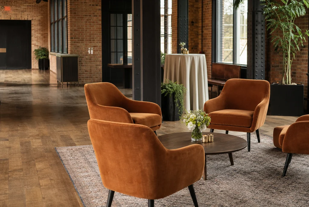 Cocktail and lounge furniture arranged for guests at a New York venue.