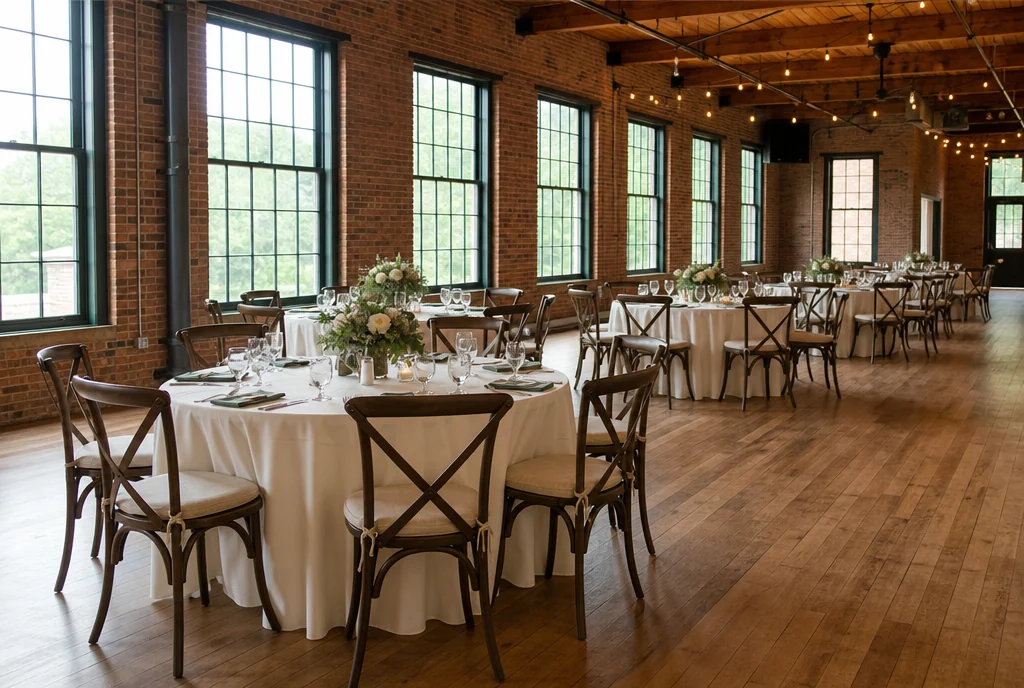 Reception tables and coordinated chairs in a North Carolina wedding venue setting.