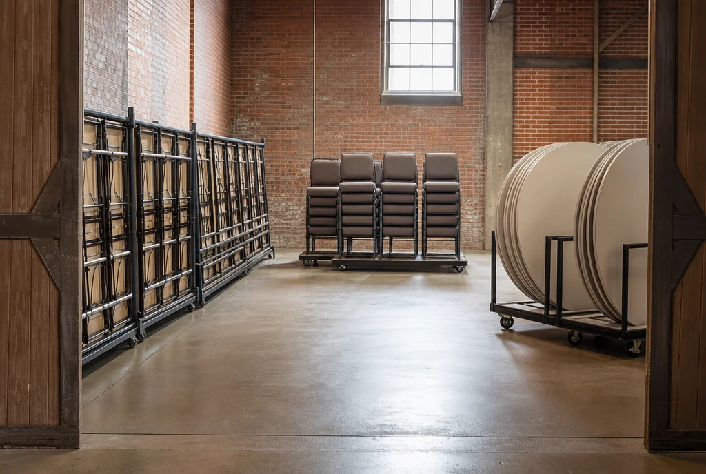 Separate chair, round-table and rectangular-table storage in an Ohio event venue.