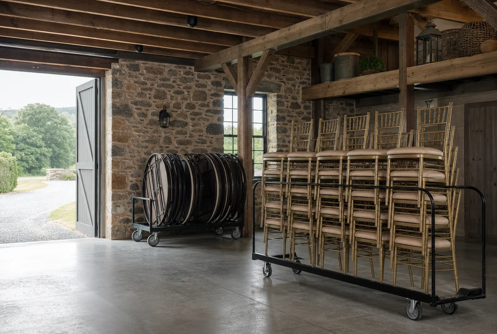 Chair carts and stored reception tables with a clear handling route for a Pennsylvania venue.