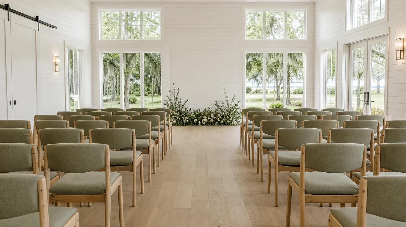 Individual ceremony chairs and an open aisle in a South Carolina venue