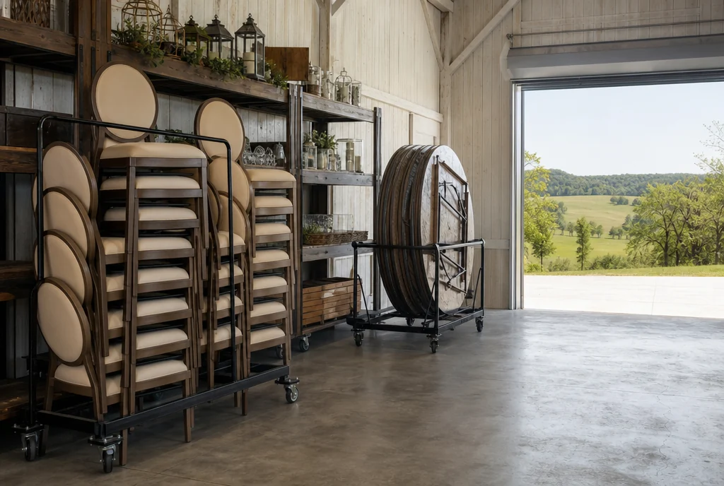Chair carts and stored reception tables with a clear handling route for a Tennessee venue.