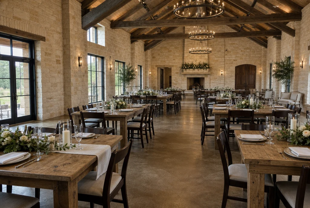 Reception tables and coordinated chairs in a Texas wedding venue setting.