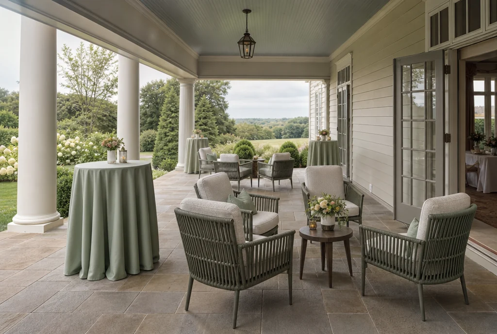 Covered cocktail and lounge furniture arranged near a Virginia reception-room entrance.