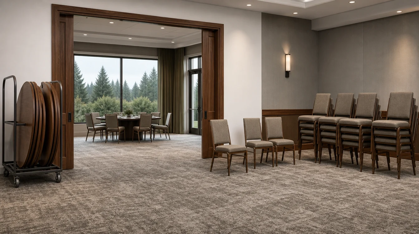 Furniture staging, chair stacks and a table trolley at a Washington venue